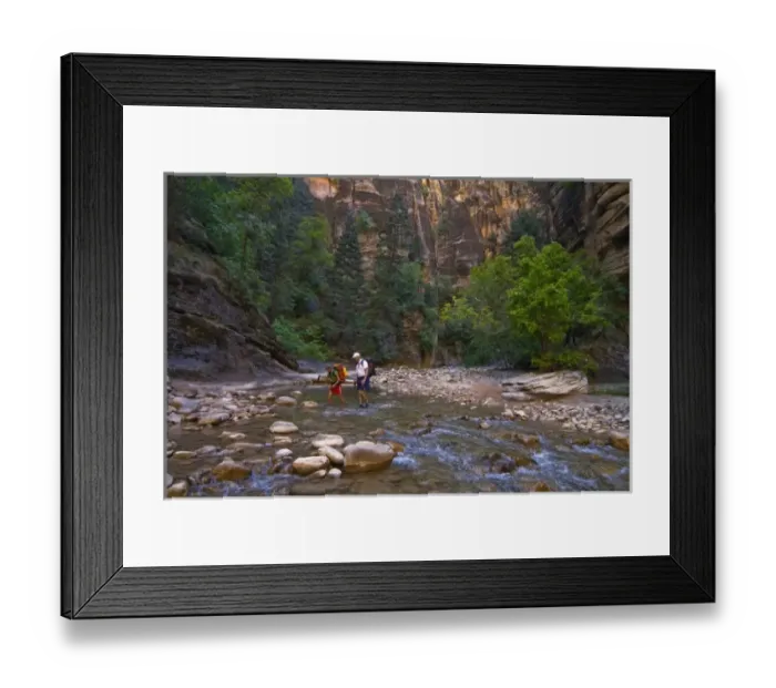 Framed Print : USA, Utah, Zion National Park. Two hikers in the Virgin River Narrows. (MR) Framed Print : USA, Utah, Zion National Park. Two hikers in the Virgin River Narrows. (MR)