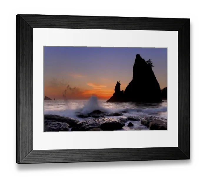 Framed Print : USA, Washington, Olympic National Park. Sunset silhouettes and splashing waves on Rialto Beach Framed Print : USA, Washington, Olympic National Park. Sunset silhouettes and splashing waves on Rialto Beach