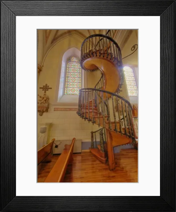 Framed Print : Unnique spiral wooden staircase in historic Lorretto Chapel in Santa Fe New Mexico Framed Print : Unnique spiral wooden staircase in historic Lorretto Chapel in Santa Fe New Mexico