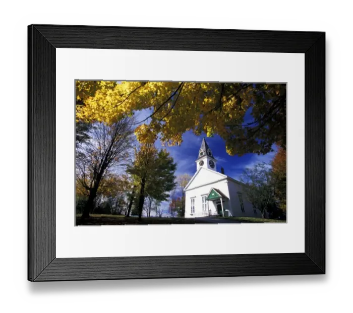 Framed Print : North America, United States, Vermont. White church with fall maple trees