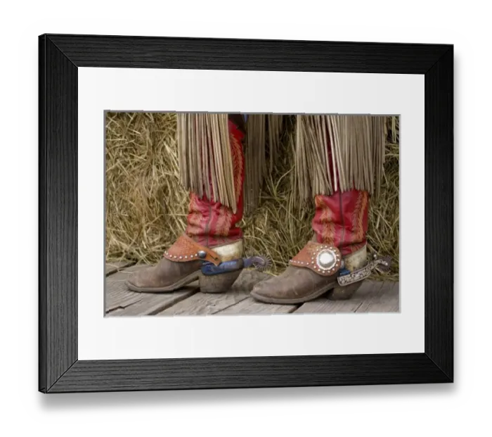 Framed Print : USA, Oregon, Seneca, Ponderosa Ranch. Cowgirls boots with leather fringes hanging from chaps Framed Print : USA, Oregon, Seneca, Ponderosa Ranch. Cowgirls boots with leather fringes hanging from chaps
