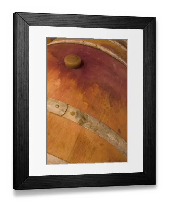 Framed Print : Red wine stain around cork of French oak barrel at Sokol Blosser Winery near Dundee, Oregon, USA