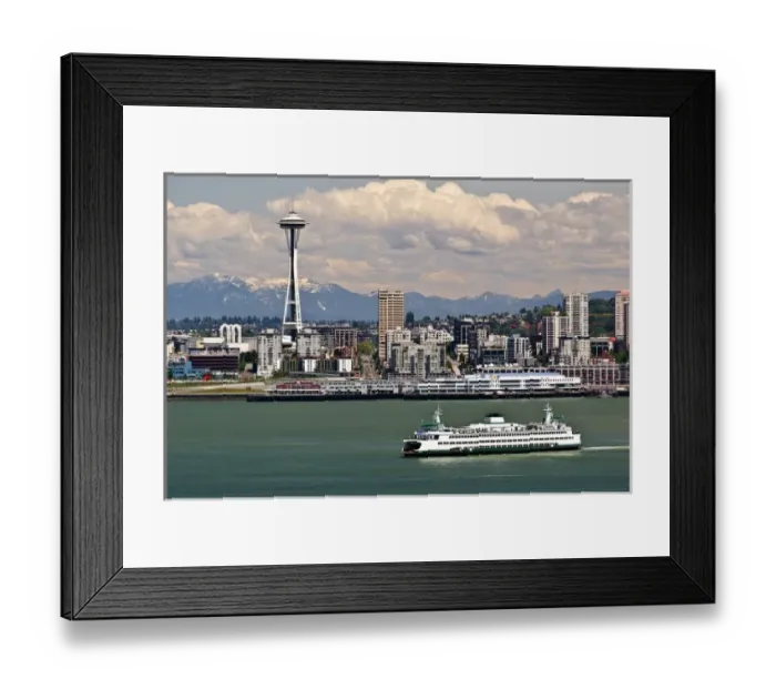 Framed Print : USA, Washington State, Seattle. Ferry crosses Elliot Bay under the Space Needle Framed Print : USA, Washington State, Seattle. Ferry crosses Elliot Bay under the Space Needle