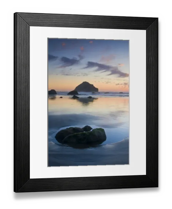 Framed Print : USA, Oregon, Bandon Beach. Face Rock at twilight on the coastline