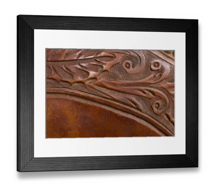 Framed Print : USA, Oregon, Seneca, Ponderosa Ranch. Tooled leather details on a saddle Framed Print : USA, Oregon, Seneca, Ponderosa Ranch. Tooled leather details on a saddle
