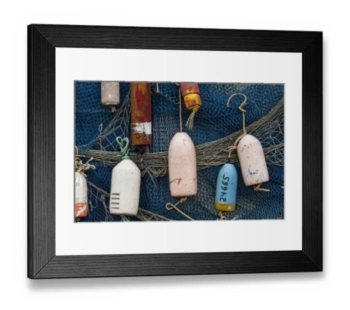 Framed Print : Old buoys hanging with fish nets in Newport, Oregon Framed Print : Old buoys hanging with fish nets in Newport, Oregon