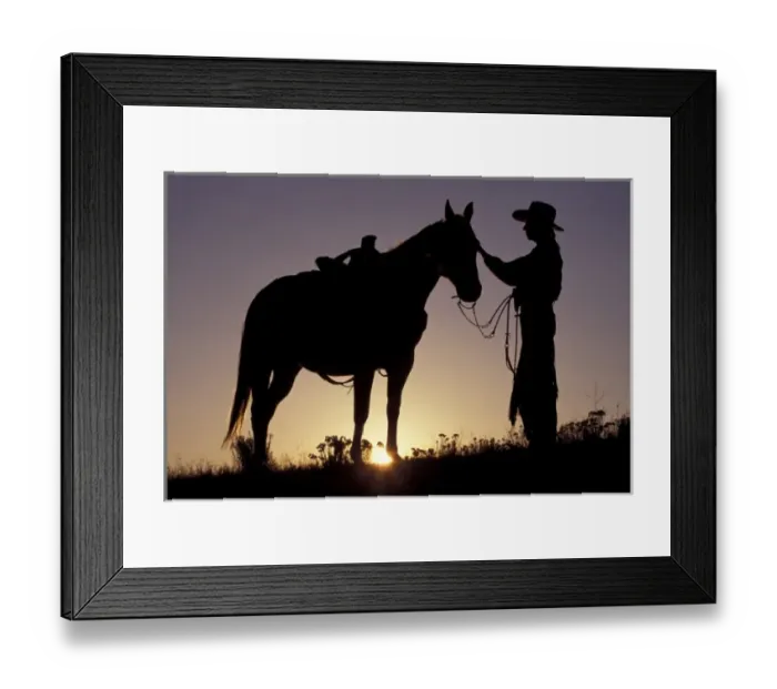 Framed Print : USA, Oregon, Seneca. Cowboy and horse silhouette (MR) Framed Print : USA, Oregon, Seneca. Cowboy and horse silhouette (MR)