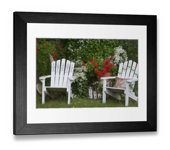 Framed Print : Backyard garden display with Adirondak chairs