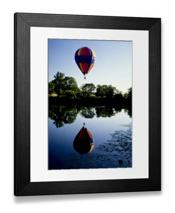 Framed Print : New Jersey, Oldwick, hot-air balloon aloft at sunrise over pond with water lillies
