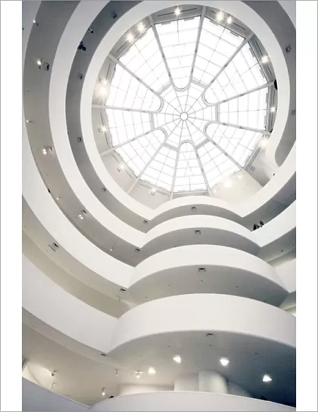 Looking up at the skylight and upper levels of the Guggenheim museum in New York city
