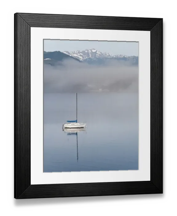 Framed Print : USA, Washington, Seabeck. Sailboat anchored in Hood Canal with Olympic Mountains in background Framed Print : USA, Washington, Seabeck. Sailboat anchored in Hood Canal with Olympic Mountains in background