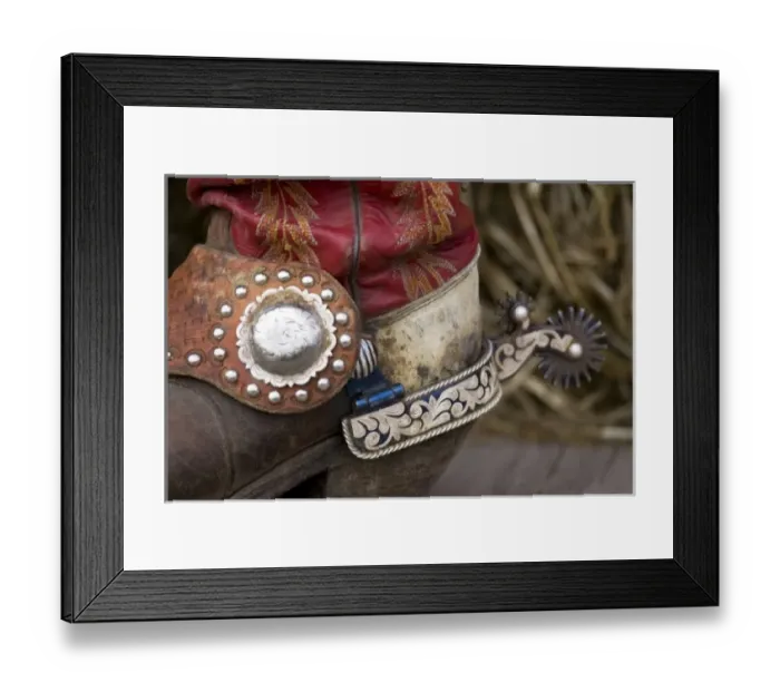 Framed Print : USA, Oregon, Seneca, Ponderosa Ranch. Detail of fancy cowgirl boot with spur Framed Print : USA, Oregon, Seneca, Ponderosa Ranch. Detail of fancy cowgirl boot with spur