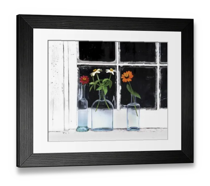 Framed Print : USA, Oregon, Zinnias in bottles on windowsill Framed Print : USA, Oregon, Zinnias in bottles on windowsill