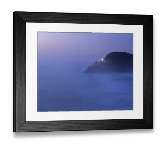 Framed Print : USA, Oregon, Heceta Head. Blue fog on the Oregon Coast makes the beacon of Heceta