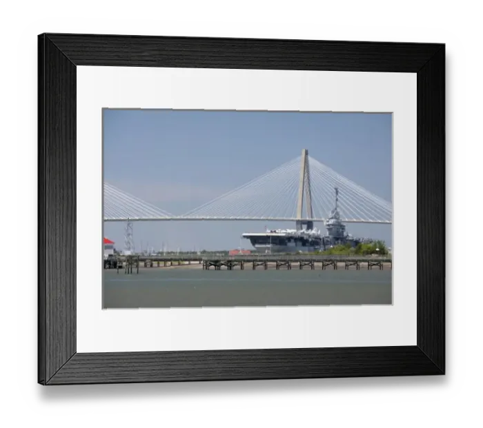 Framed Print : South Carolina, Charleston. Ravenel Bridge and Yorktown aircraft carrier, now museum Framed Print : South Carolina, Charleston. Ravenel Bridge and Yorktown aircraft carrier, now museum