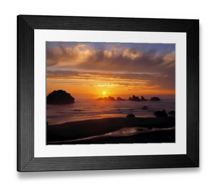 Framed Print : USA, Oregon, Face Rock Wayside. A wildly-colored sunset graces the sky at Face Rock