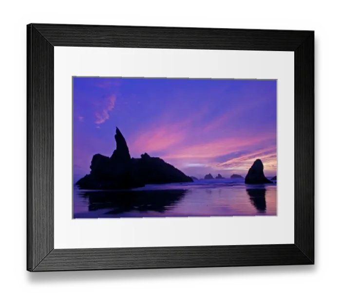 Framed Print : USA, Oregon, Bandon Beach. Silhouette of sea stack formations at sunset. Credit as Framed Print : USA, Oregon, Bandon Beach. Silhouette of sea stack formations at sunset. Credit as