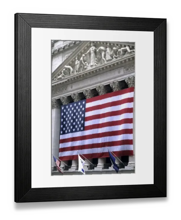 Framed Print : The beauty of the front of the New York Stock Exchange NYSE building with giant USA Framed Print : The beauty of the front of the New York Stock Exchange NYSE building with giant USA