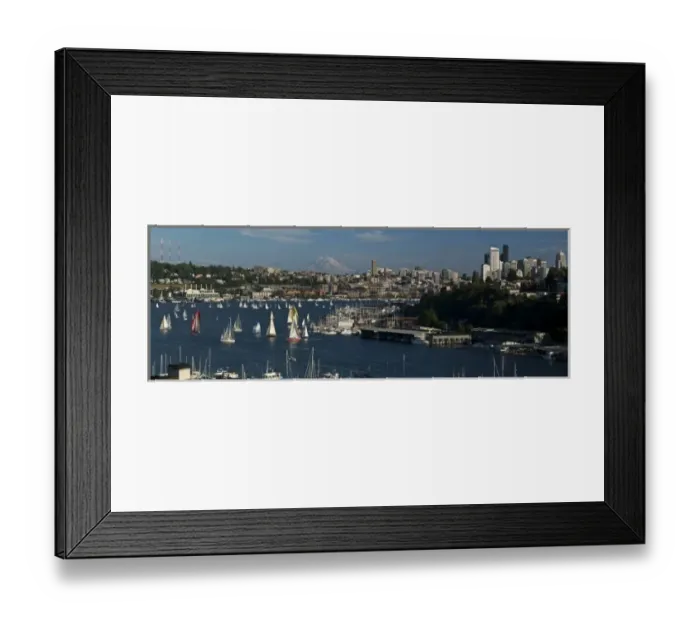 Framed Print : USA, Washington, Seattle. Summer cityscape panorama features Lake Union, sailboats and Mt Framed Print : USA, Washington, Seattle. Summer cityscape panorama features Lake Union, sailboats and Mt