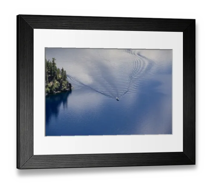 Framed Print : USA, Oregon, Crater Lake NP. The calm water of Crater Lake is broken by the wake