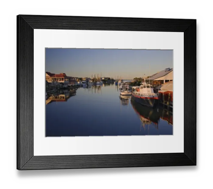 Framed Print : Boats and restaurants reflecting along Shem Creek at sunrise, Mt. Pleasant, South