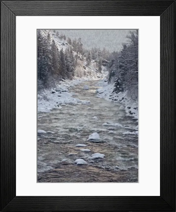 Framed Print : USA, Washington, Leavenworth. Snow-covered trees lining Wenatchee River in winter