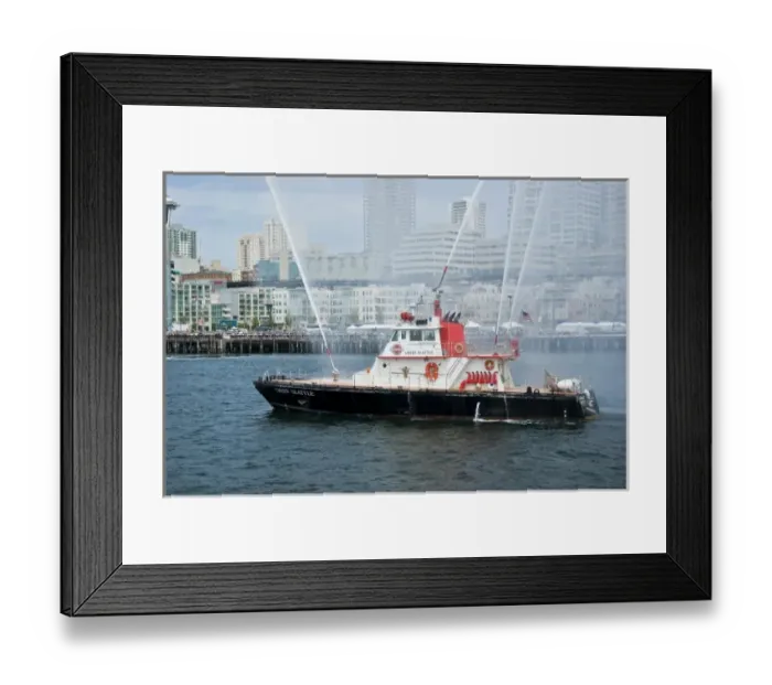 Framed Print : USA, WA, Seattle. Fireboat Chief Seattle with celebratory spray in Elliot Bay Framed Print : USA, WA, Seattle. Fireboat Chief Seattle with celebratory spray in Elliot Bay