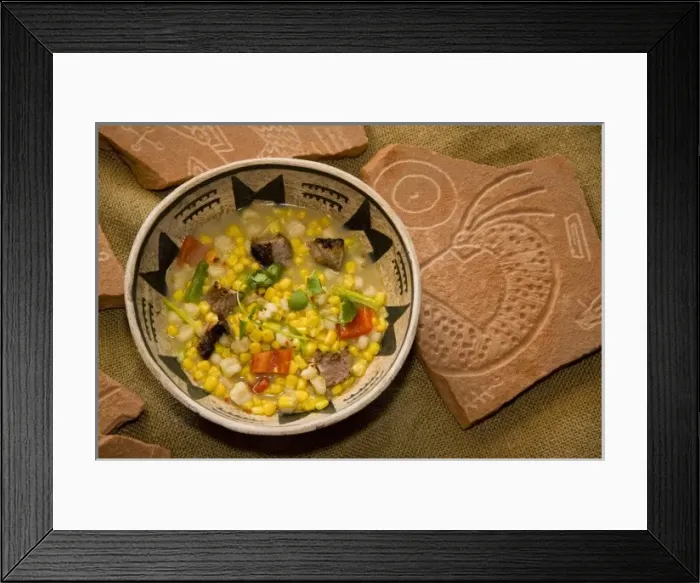 Framed Print : Bowl of Zuni corn soup made with ingredients of corn, posole, goat meat, chili pepper Framed Print : Bowl of Zuni corn soup made with ingredients of corn, posole, goat meat, chili pepper