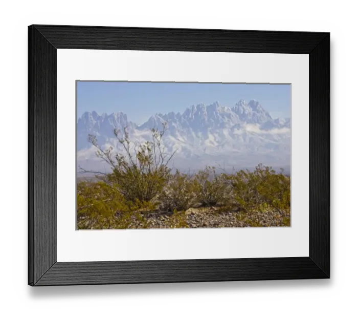 Framed Print : Organ Mountains with snow and creosote bush in foreground, clouds around peaks, east of Las Cruces Framed Print : Organ Mountains with snow and creosote bush in foreground, clouds around peaks, east of Las Cruces