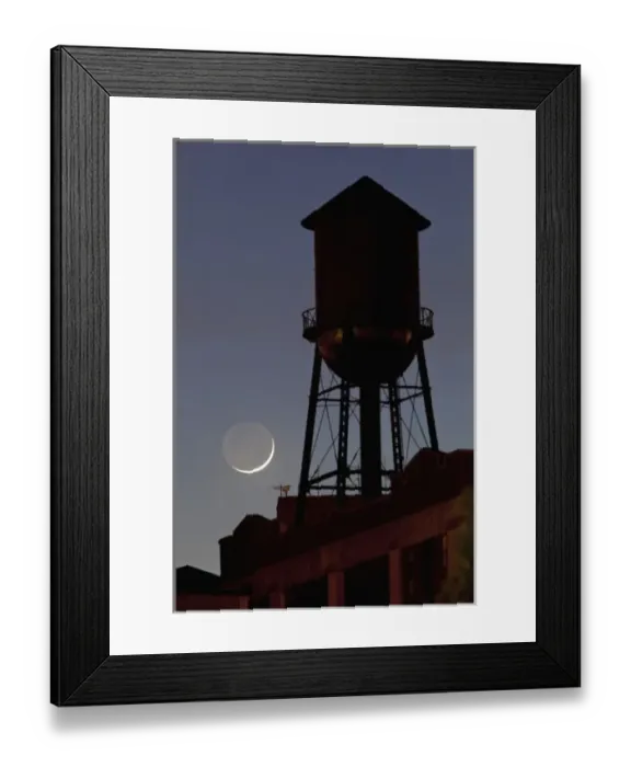 Framed Print : USA, New Jersey, Jersey City, Rooftop water tower and setting crescent moon Framed Print : USA, New Jersey, Jersey City, Rooftop water tower and setting crescent moon