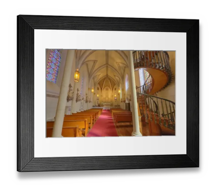 Framed Print : Unnique spiral wooden staircase in historic Lorretto Chapel in Santa Fe New Mexico Framed Print : Unnique spiral wooden staircase in historic Lorretto Chapel in Santa Fe New Mexico