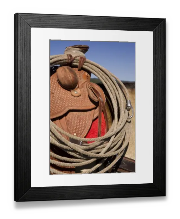 Framed Print : USA, Oregon, Seneca, Ponderosa Ranch. Detail of saddle and rope Framed Print : USA, Oregon, Seneca, Ponderosa Ranch. Detail of saddle and rope