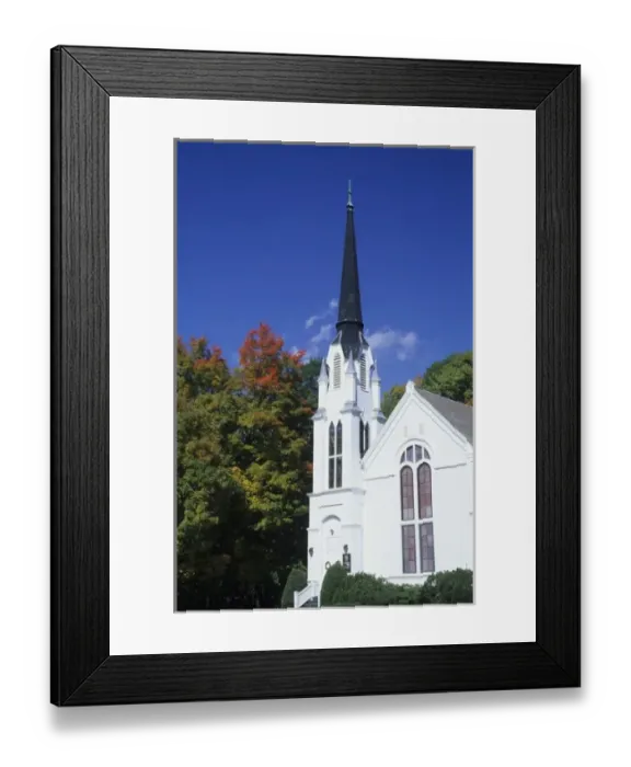 Framed Print : USA, Vermont, Queechee. White church and fall foliage Framed Print : USA, Vermont, Queechee. White church and fall foliage