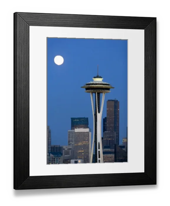 Framed Print : Full moon over the Space Needle in the city of Seattle, Washington Framed Print : Full moon over the Space Needle in the city of Seattle, Washington