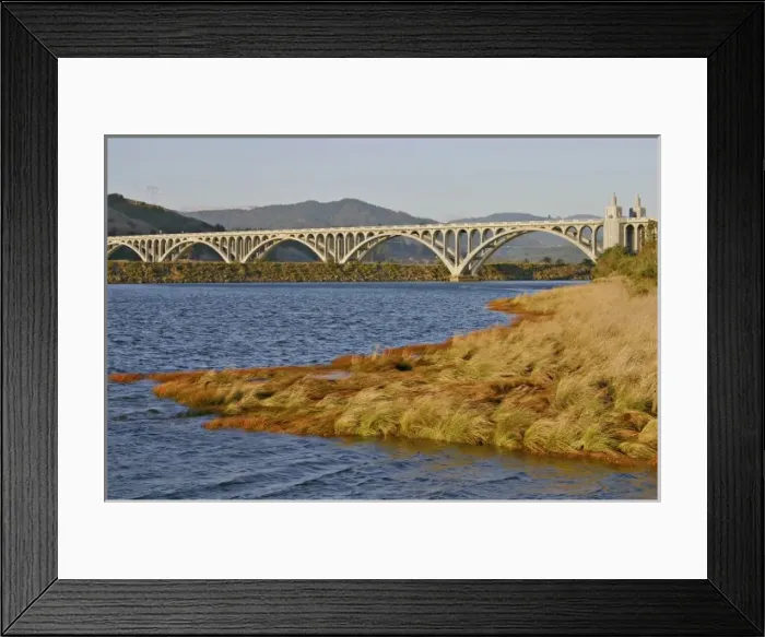 Framed Print : Patterson Memorial Bridge highway 101 over Rogue River on coast at Gold Beach Oregon