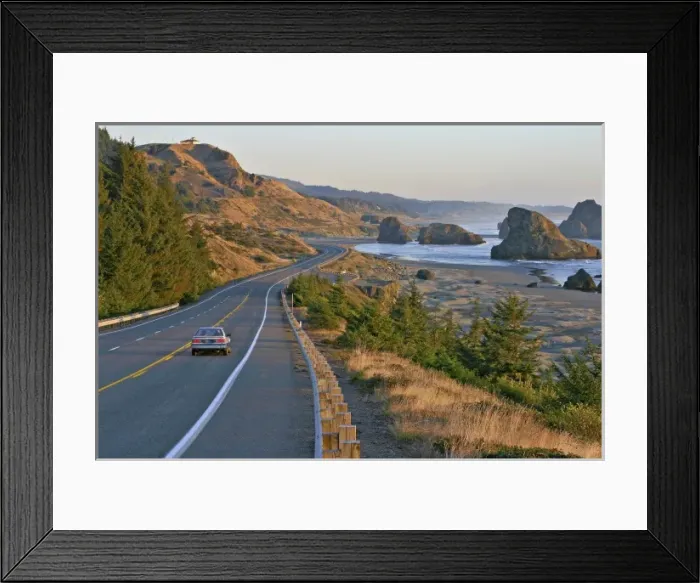 Framed Print : Evening lighting car on highway 101 near Gold Beach Oregon