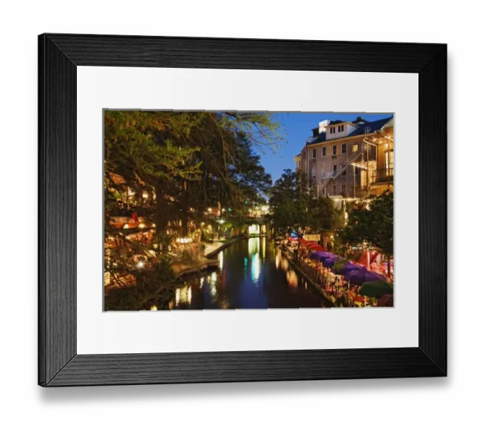 Framed Print : Colorful umbrellas of outdoor cafe at dusk along River Walk, San Antonio River, San Antonio, Texas Framed Print : Colorful umbrellas of outdoor cafe at dusk along River Walk, San Antonio River, San Antonio, Texas