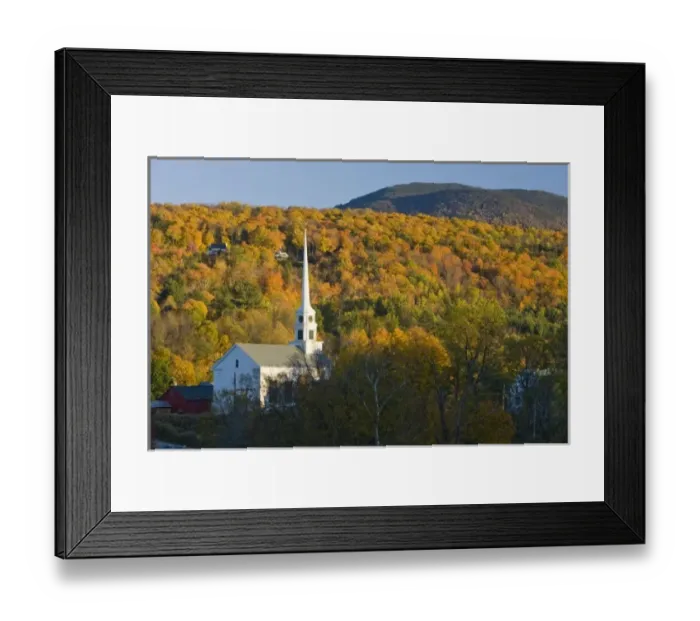 Framed Print : The moon, a church, and fall foliage in Stowe, Vermont Framed Print : The moon, a church, and fall foliage in Stowe, Vermont