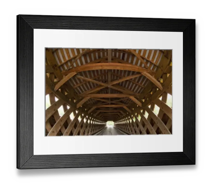 Framed Print : USA, Vermont, Bennington, Patterns of wooden beams inside Paper Mill Covered Bridge