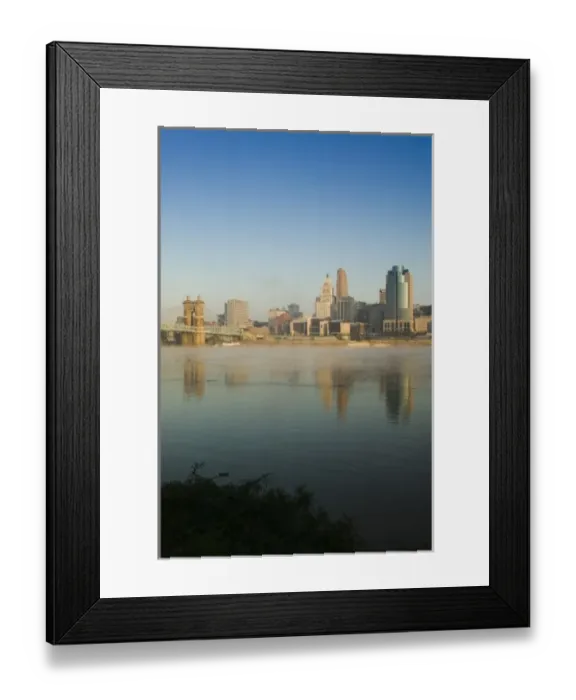 Framed Print : USA, Ohio, Cincinnati: Skyline with fog on the Ohio River  /  Sunrise
