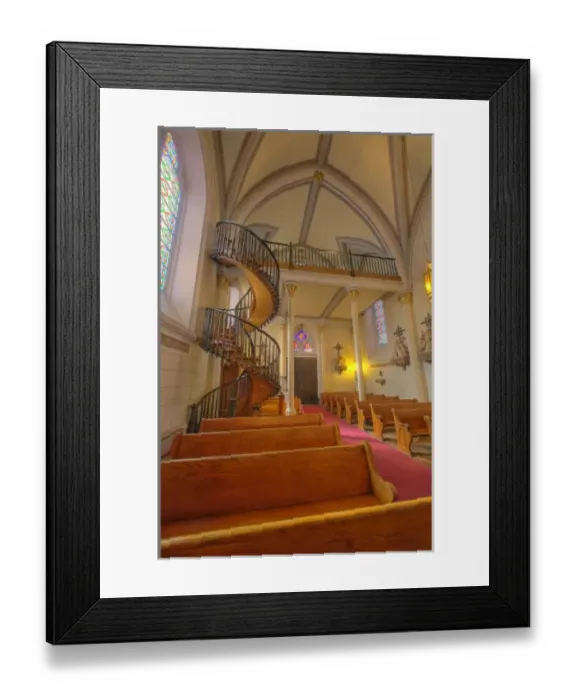 Framed Print : Unnique spiral wooden staircase in historic Lorretto Chapel in Santa Fe New Mexico Framed Print : Unnique spiral wooden staircase in historic Lorretto Chapel in Santa Fe New Mexico