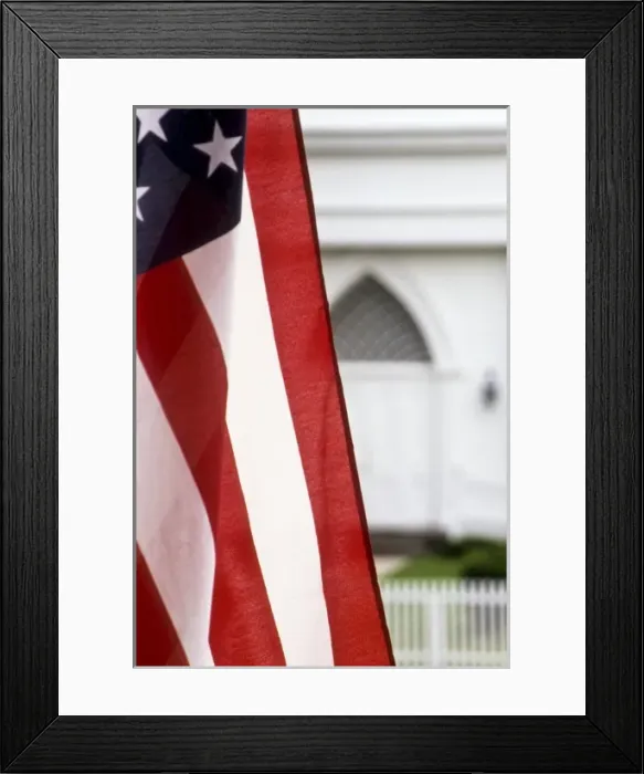 Framed Print : New Jersey, Oldwick, Main Street, flag and Lutheran church in background, June Framed Print : New Jersey, Oldwick, Main Street, flag and Lutheran church in background, June