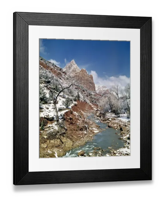 Framed Print : USA, Utah, Zion NP. Fresh snow sprinkles the red cliffs near the Virgin River in Zion National Park Framed Print : USA, Utah, Zion NP. Fresh snow sprinkles the red cliffs near the Virgin River in Zion National Park