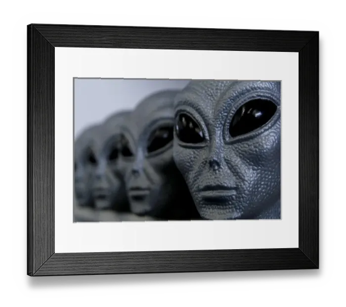 Framed Print : Roswell, New Mexico, United States. Silver alien heads as sold in local shop Framed Print : Roswell, New Mexico, United States. Silver alien heads as sold in local shop
