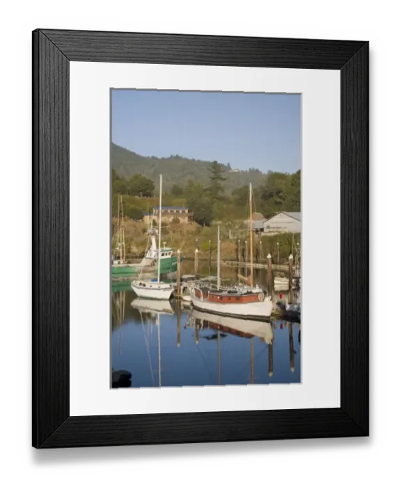 Framed Print : OR, Brookings-Harbor, Port of Brookings-Harbor, Sailboats and fishing boat