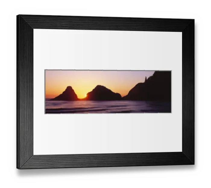 Framed Print : USA, Oregon, Heceta Head. The sun sets between two seastacks above Heceta Head Lighthouse Framed Print : USA, Oregon, Heceta Head. The sun sets between two seastacks above Heceta Head Lighthouse