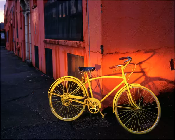 USA, Oregon, Portland, One of the citys yellow loaner bikes from the borrow-a-bike program