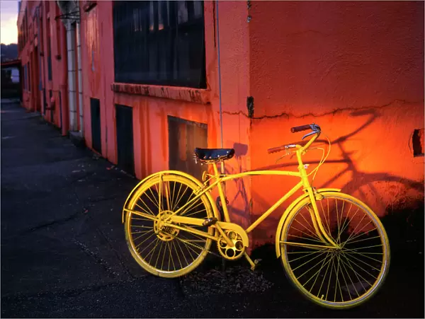 USA, Oregon, Portland, One of the citys yellow loaner bikes from the borrow-a-bike program