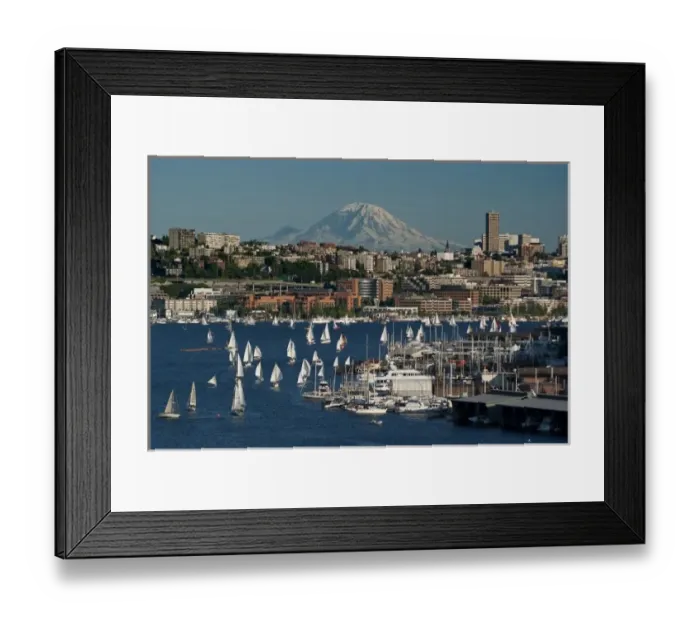 Framed Print : USA, Washington, Seattle. Cityscape with Lake Union, sailboats and Mt. Rainier Framed Print : USA, Washington, Seattle. Cityscape with Lake Union, sailboats and Mt. Rainier