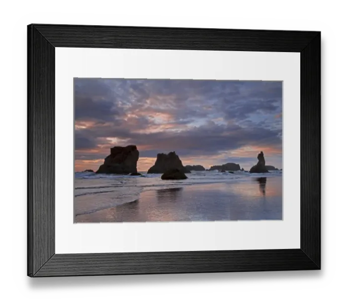 Framed Print : USA, Oregon, Bandon. Sunset colors clouds and silhouettes seastacks on ocean beach